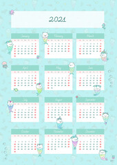 Wall calendar 2021. Monthly calendar decorated with little kitten mermaids and sea creatures. Vector illustration 10 EPS.