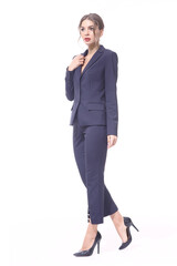 business woman in official formal clothes pant suit high heels shoes full body photo