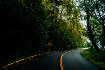 Obraz premium Countryside road passing through the serene lush greenery and foliage tropical rain forest mountain landscape on the Doi Phuka Mountain reserved national park the northern Thailand
