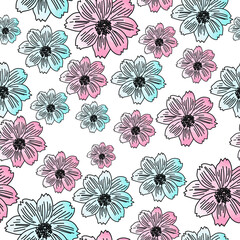 Seamless pattern of pink and blue cosmos flowers, delicate flower in a pattern on a white background