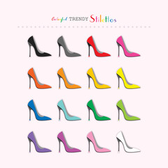 Complete rainbow color sexy stilettos high heels icons set on light pink background