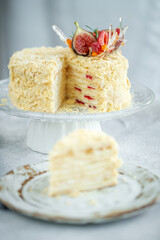 Napoleon cake. Beautiful cake with berries, classic pastries. High quality photo.