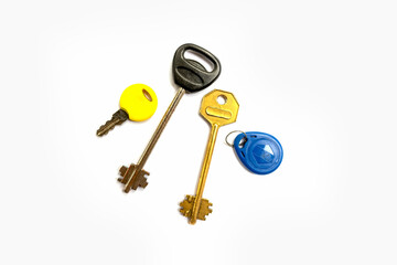 set of different door keys isolated on white background