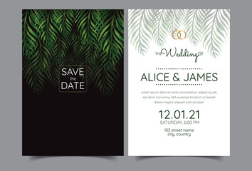 Wedding Invitation, floral invite thank you, rsvp modern card Design: green tropical palm leaf greenery eucalyptus branches decorative wreath & frame pattern. Vector elegant watercolor rustic template