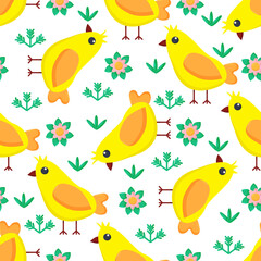 Seamless pattern with cartoon yellow chicks. Easter greeting cards, Hand drawn background. Vector illustration