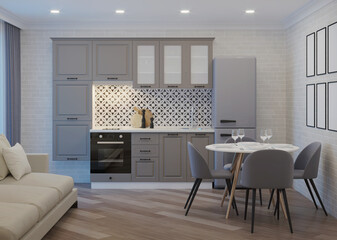 Fototapeta premium Modern kitchen interior. Night. Evening lighting. 3D rendering.