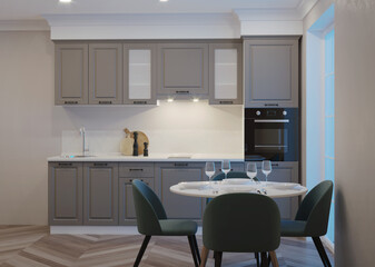 Modern kitchen interior. Night. Evening lighting. 3D rendering.