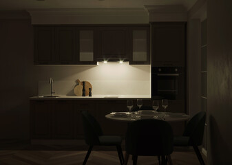 Modern kitchen interior. Night. Evening lighting. 3D rendering.