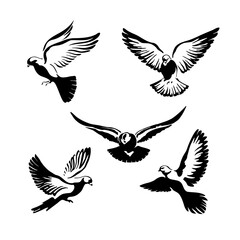 A set of doves flies with spread wings in the sky. Logo template or icon isolated symbol of peace freedom or postal delivery and tattoo. Vector illustration