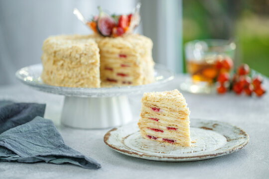 Napoleon cake. Beautiful cake with berries, classic pastries. High quality photo.