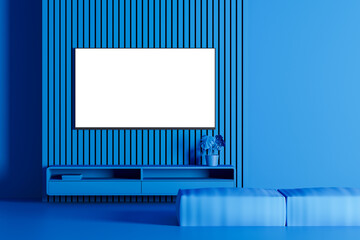 Blank white TV screen hanging in a room with blue walls above a shelf with a sofa. The concept of watching movies and tv at home. Mock Up. 3d rendering