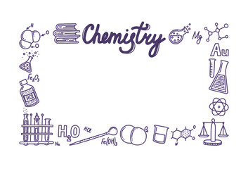 Rectangular box composed of chemistry icons. Frame for your designs and texts. Test tubes, reactions, atom, molecules, formula and other scientific items. Vector illustration in doodle style