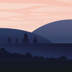landscape of pine trees at mountain and pink sky vector design