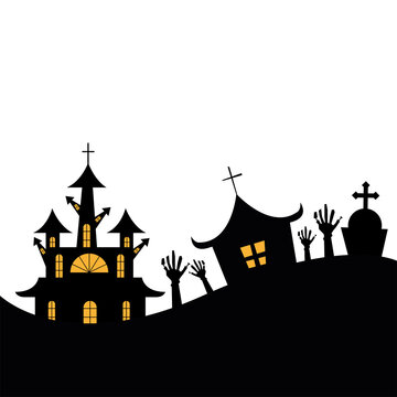 Halloween houses with hands and grave vector design