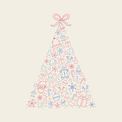 Fototapeta na wymiar Christmas tree made of festive elements. Xmas ornament. Vector