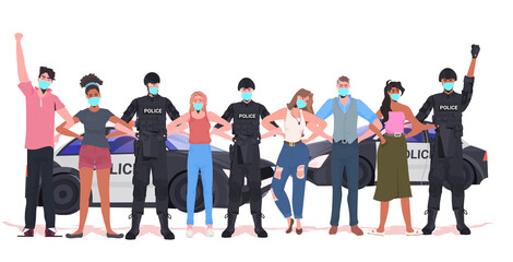 Obraz premium pollice officers with mix race protesters in masks standing together coronavirus quarantine concept full length horizontal vector illustration