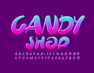 Vector sweet emblem Candy Shop. Gradient colorful Font. Bright glossy Alphabet Letters and Numbers set