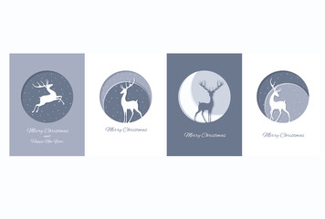 Set of Christmas vertical gift tag, card with silhouette of wild deer