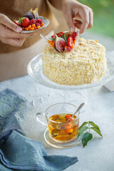 Napoleon cake. Beautiful cake with berries, classic pastries. High quality photo.