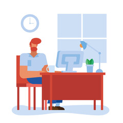 man at desk with computer in the office vector design