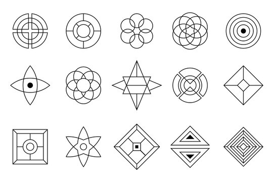 Set of vector design elements, isolated on white background. Sacred geometry. Geometric symmetrical shapes. Alchemy, religion, philosophy, spirituality, hipster symbols and elements.
