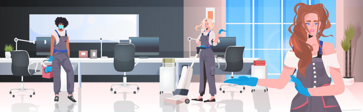 mix race cleaners team cleaning and disinfecting floor to prevent coronavirus pandemic modern office interior horizontal vector illustration