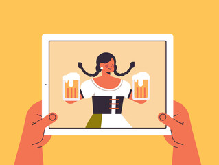 woman holding beer mugs Oktoberfest party festival celebration online communication concept girl in traditional clothes having fun on tablet screen portrait horizontal vector illustration