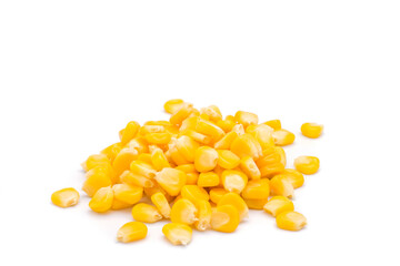 A pile of ripe corn kernels yellow sweet delicious Put on a white background