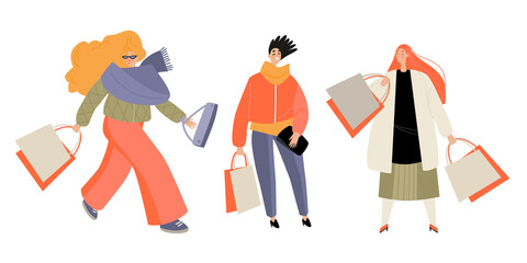 Set of vector illustrations of girls with shopping bags. Autumn sale
