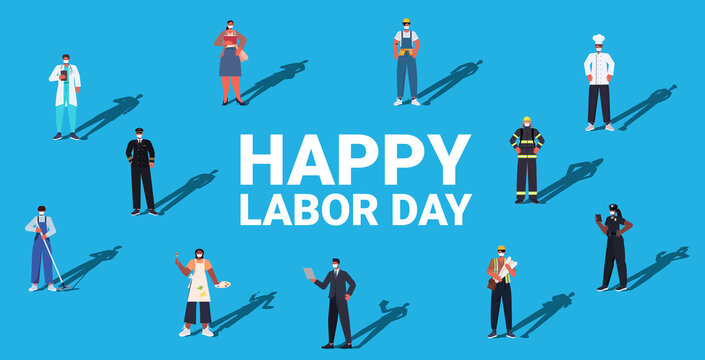 people of different occupations celebrating labor day mix race workers wearing masks to prevent coronavirus pandemic full length horizontal isometric vector illustration