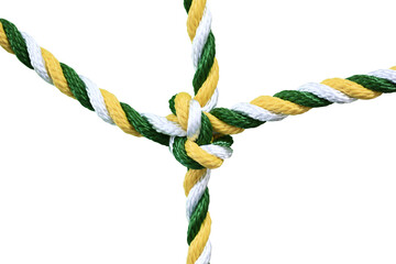Multicolored rope knot isolated on white background. Close-up.