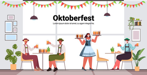waitress in mask serving beer for men in bar Oktoberfest party celebration coronavirus pandemic concept friends sitting at table having fun horizontal copy space vector illustration