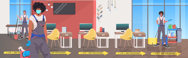 Fototapeta premium professional cleaners team cleaning and disinfecting floor to prevent coronavirus pandemic modern office interior horizontal vector illustration