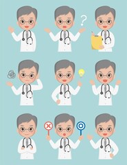 Older medical worker, male doctor, medical, paramedic, isolated on background, flat cartoon comic vector illustration, emoji, action, set