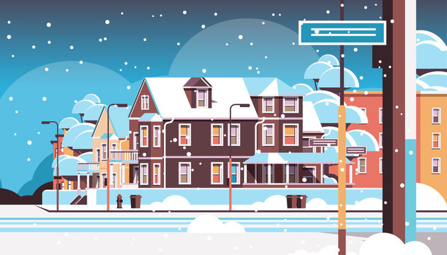 City Facade Buildings Empty No People Urban Street Real Estate Houses Exterior Winter Snowfall Cityscape Background Horizontal Vector Illustration