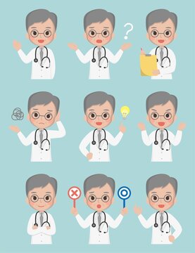 Older medical worker, male doctor, medical, paramedic, isolated on background, flat cartoon comic vector illustration, emoji, action, set