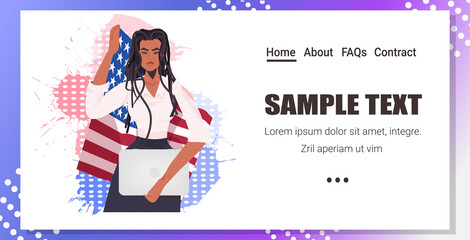 businesswoman with USA flag holding laptop labor day celebration concept portrait horizontal copy space vector illustration