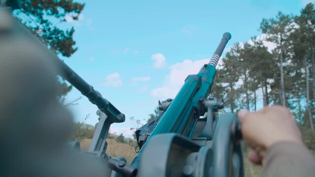 Aiming with world war 2 artillery cannon close-up 4K. Filmed with the cooperation of Kulturno zgodovinsko Drustvo Triglav from Slovenia 
