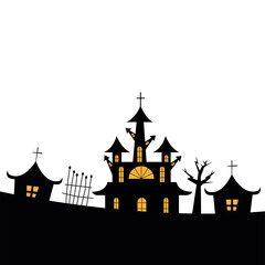 Halloween houses with tree and gate vector design
