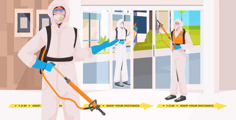 professional cleaners in hazmat suits janitors team cleaning and disinfecting floor to prevent coronavirus pandemic office corridor interior horizontal vector illustration