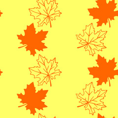 Seamless pattern of orange contoured silhouette maple leaves isolated on yellow background