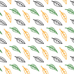 Seamless pattern of contoured leaves isolated, color outline in doodle style