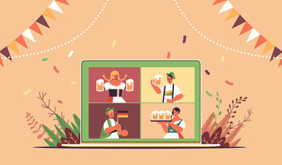 people on laptop sreen holding beer mugs Oktoberfest party celebration online communication self isolation concept horizontal portrait vector illustration