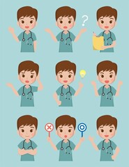 Young medical worker, male nurse, surgical staff, medical, medical staff, isolated on background, flat cartoon comic vector illustration, emoji, action, set