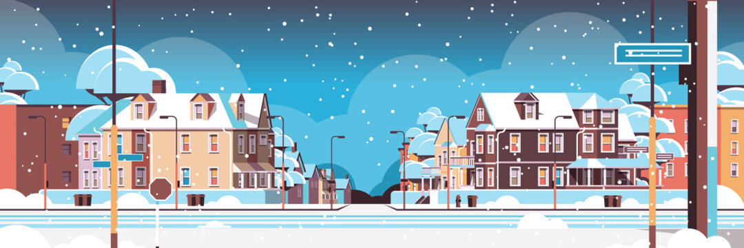 City Facade Buildings Empty No People Urban Street Real Estate Houses Exterior Winter Snowfall Cityscape Background Horizontal Vector Illustration