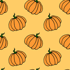 Seamless pattern of orange pumpkins. Background and texture. Symbol autumn, crop, fruitful year, thanksgiving day. Hand drawn vector EPS10 outline illustration, isolated