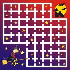 Halloween, maze, leisure activity, funny illustration with witch and castle	