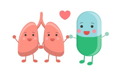 Healthy kidney, with orange capsule, peaceful coexistence, illustration icon cartoon character, vector flat design, isolated on white background