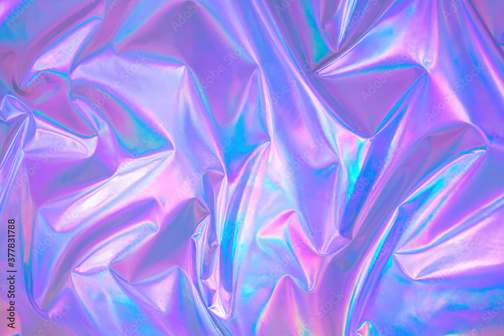 Poster blurred abstract modern pastel colored holographic background in 80s style. crumpled iridescent foil