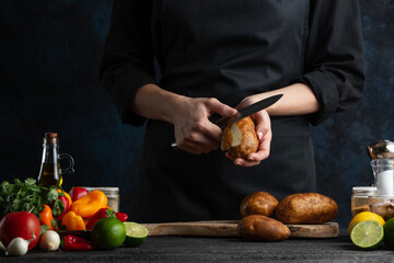Chef in black peels potatoes on the restaurant's kitchen isolated on dark background. Cooking tasty dish with potatoes. Girls hands with knife. Some vegetables for atmosphere. Food concept.